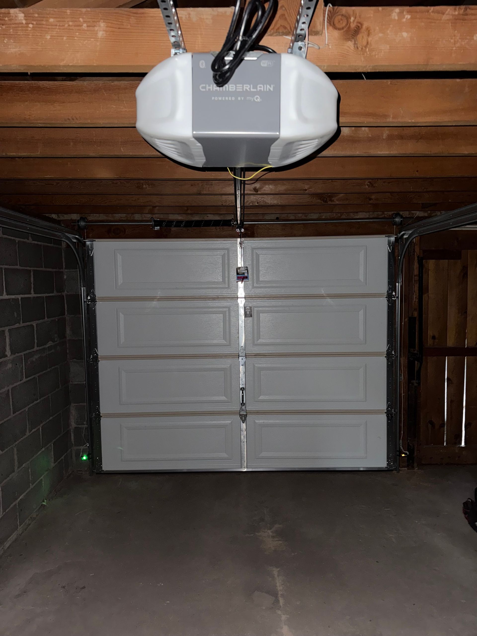 A white garage door closed in a dim space with a mounted electric garage door opener above it.