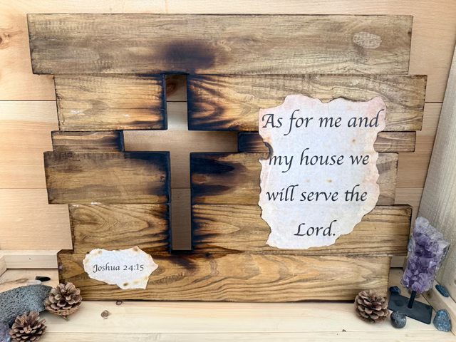 Hand crafted wood piece by Rough Cut Wood that has Joshua 24:15 on it.