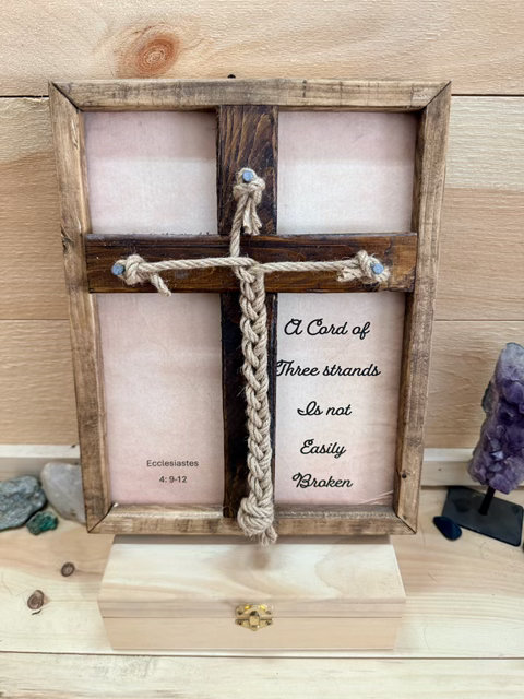 Hand crafted wood piece with a cross, made by Rough Cut Wood