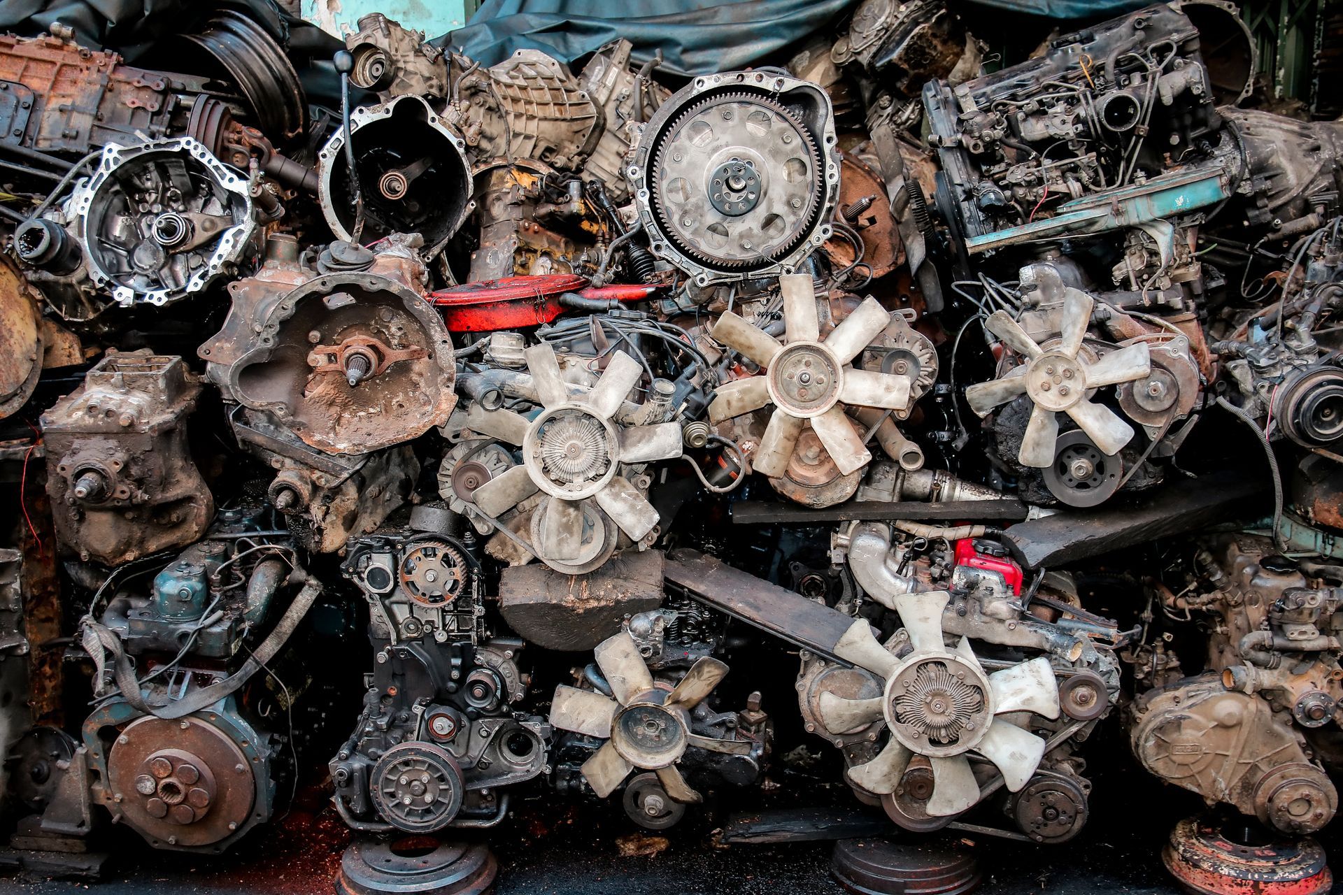 View of used old engines, showcasing auto recycling services.
