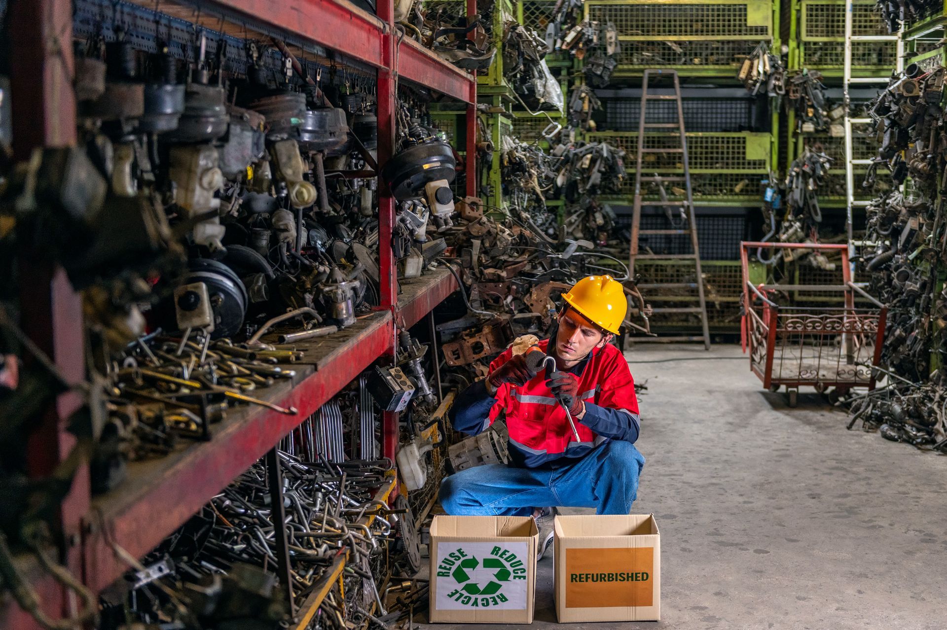 Auto parts recycler selecting salvageable components for sustainable repairs.
