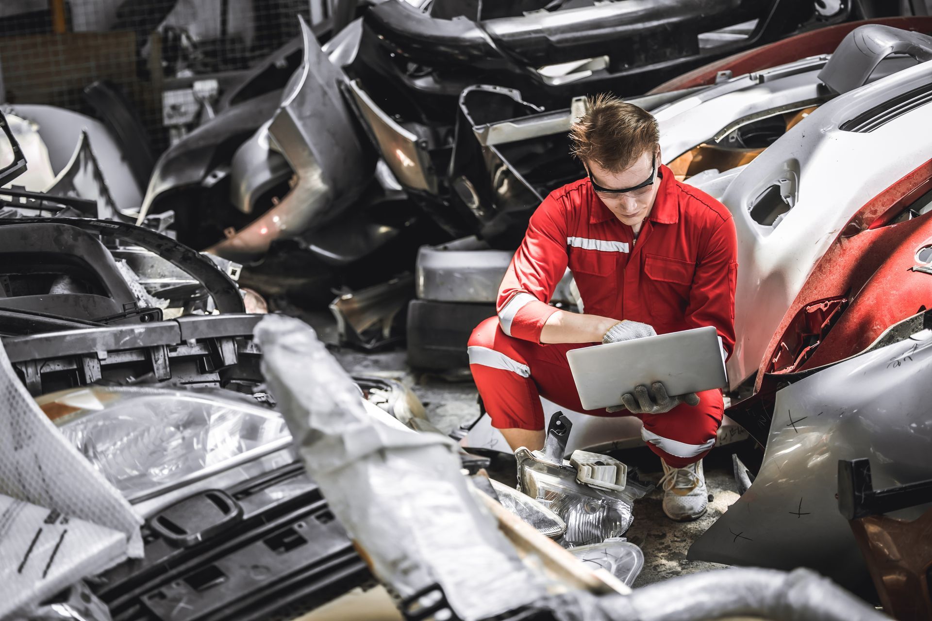 An old used car part warehouse worker checking inventory in a garage full of parts with his laptop.