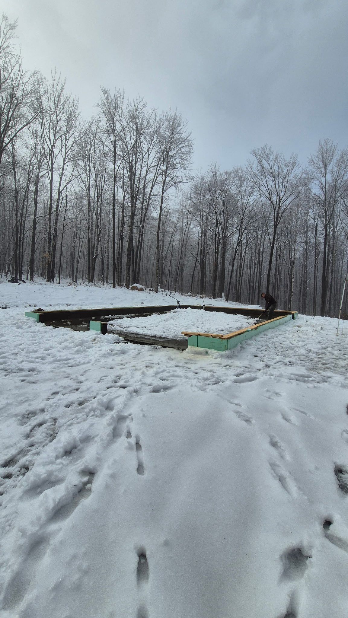 Snow-covered path leading to a small circular structure in a snowy forest clearing