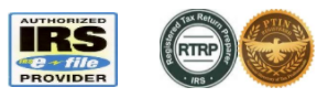Logos for IRS e-file provider, Registered Tax Return Preparer, and PTIN.