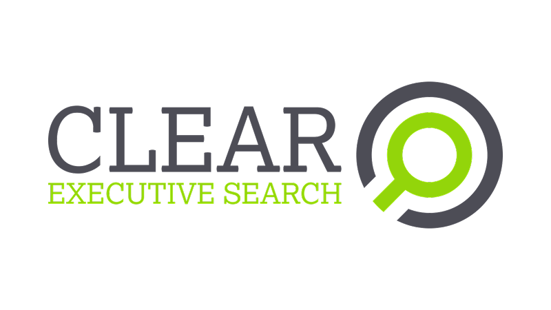 CLEAR Executive Search logo with gray text and a green magnifying glass icon