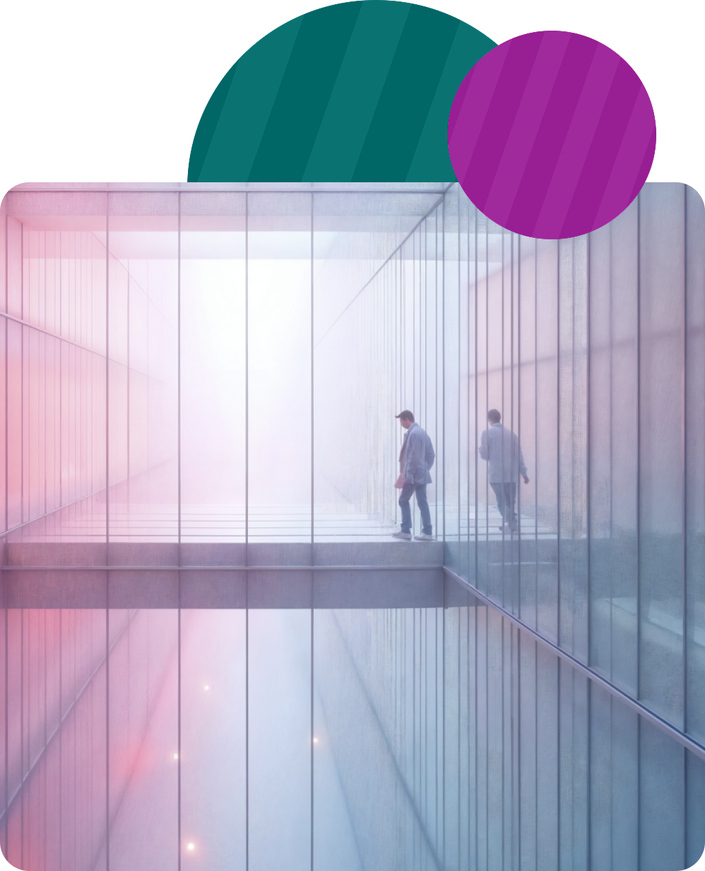 Two people walk across a glass bridge in a foggy, modern architectural space with teal and purple geometric accents above.