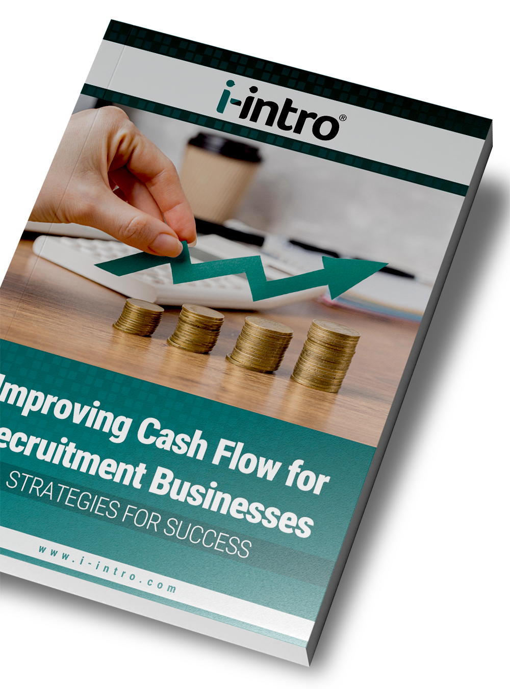 Book cover titled “Improving Cash Flow for Recruitment Businesses” with a hand and rising green arrow over coins