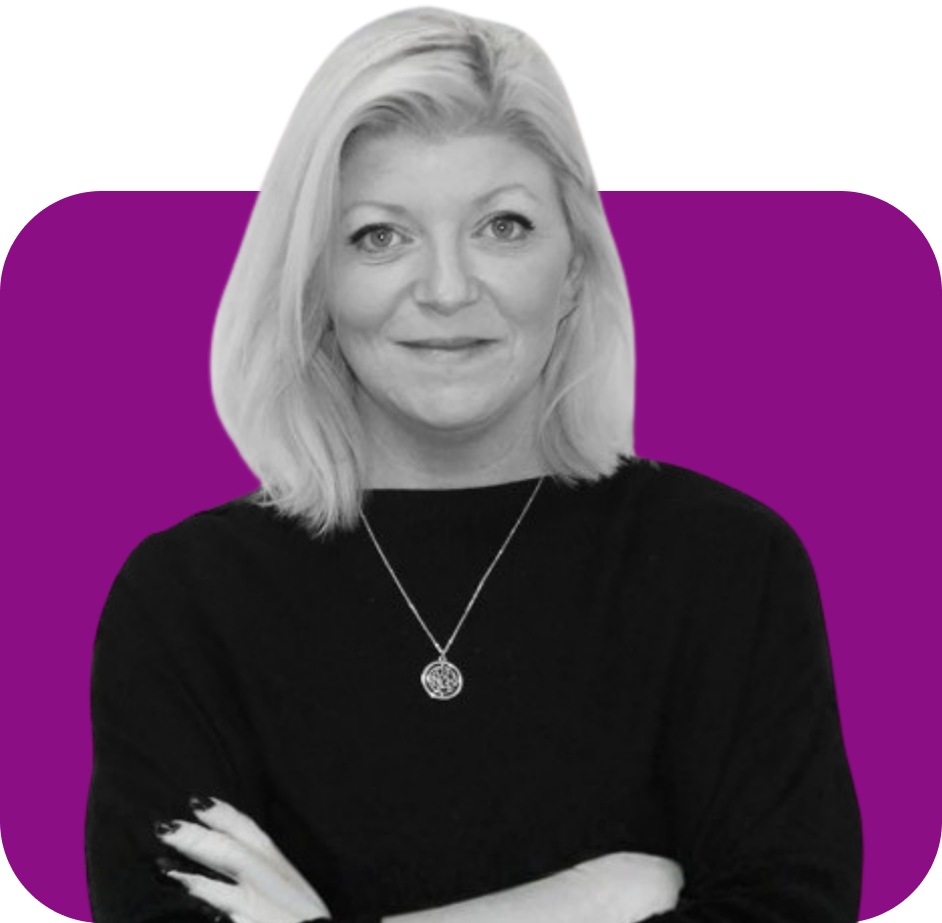 A blonde person with a neutral expression, wearing a black shirt and a silver necklace, set against a purple background.