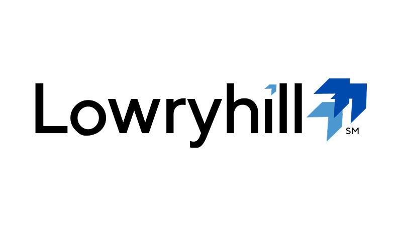 Lowryhill logo with black text and a blue lightning bolt icon