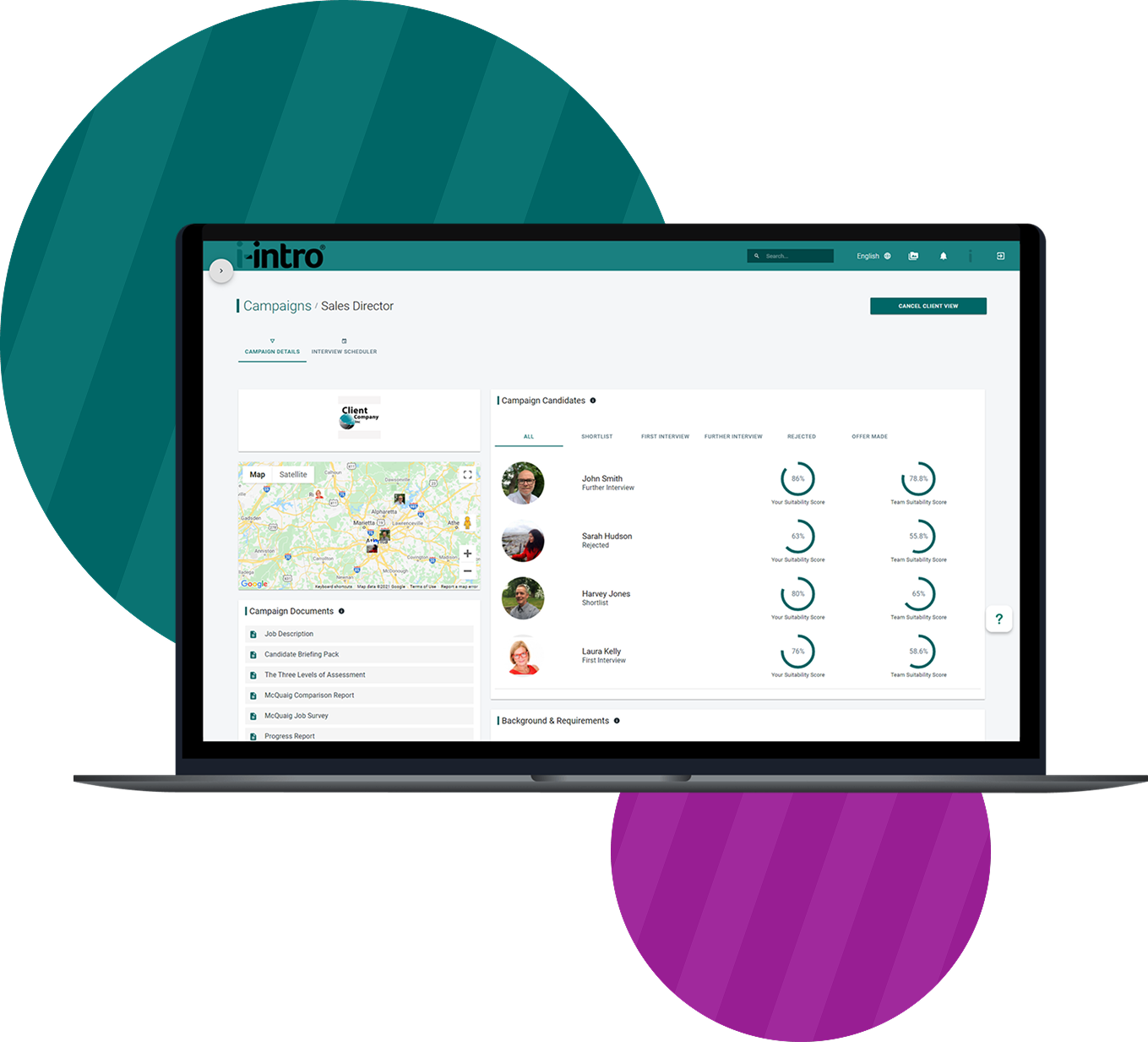 Laptop displaying a dashboard interface with map, user list, and circular charts on a white background