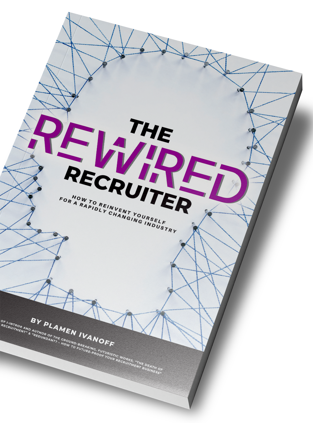 Book cover titled “The Rewired Recruiter” with purple text on a white, network-patterned background