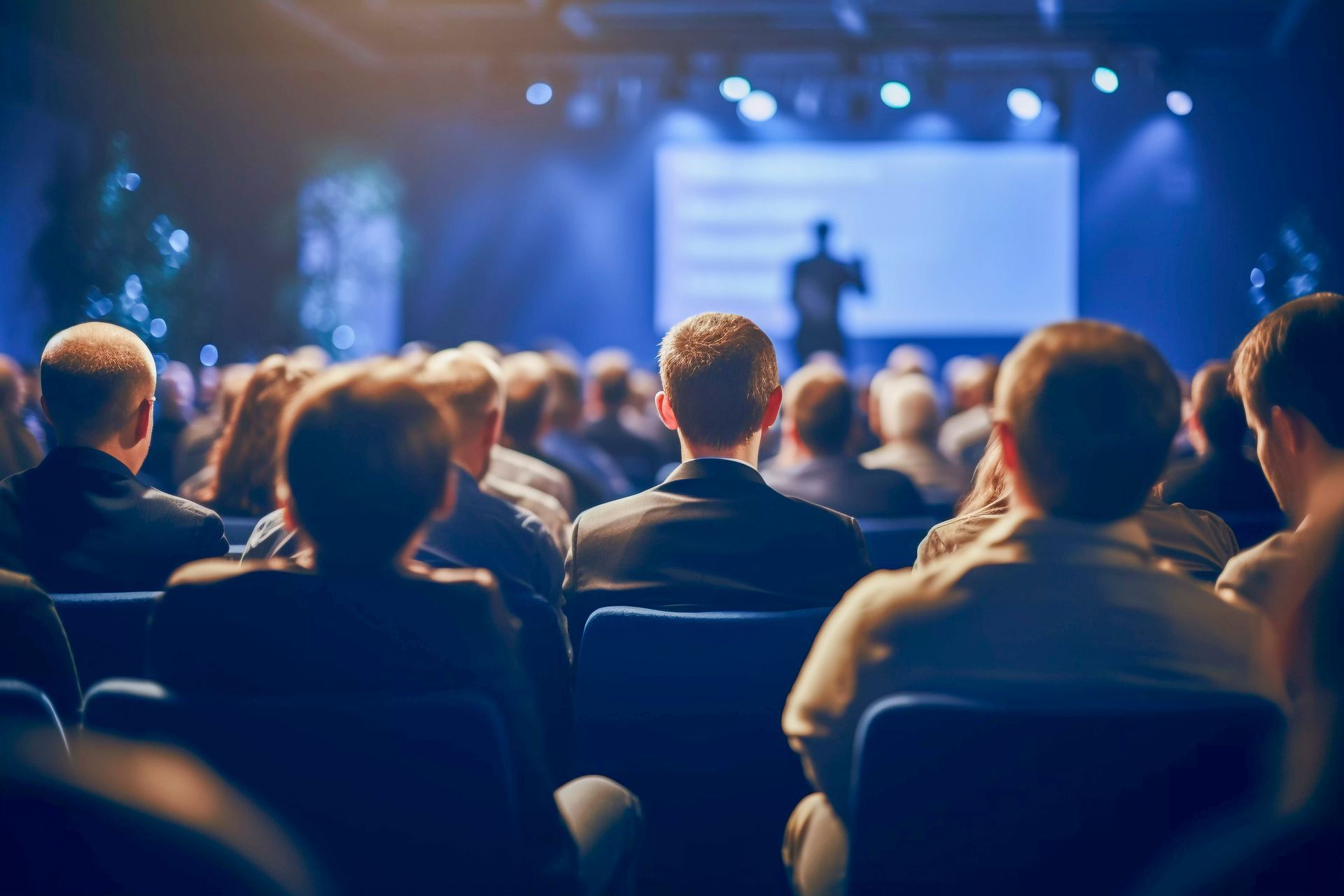 People sitting in a dark, blue-lit auditorium watching a presentation on a stage with a screen.