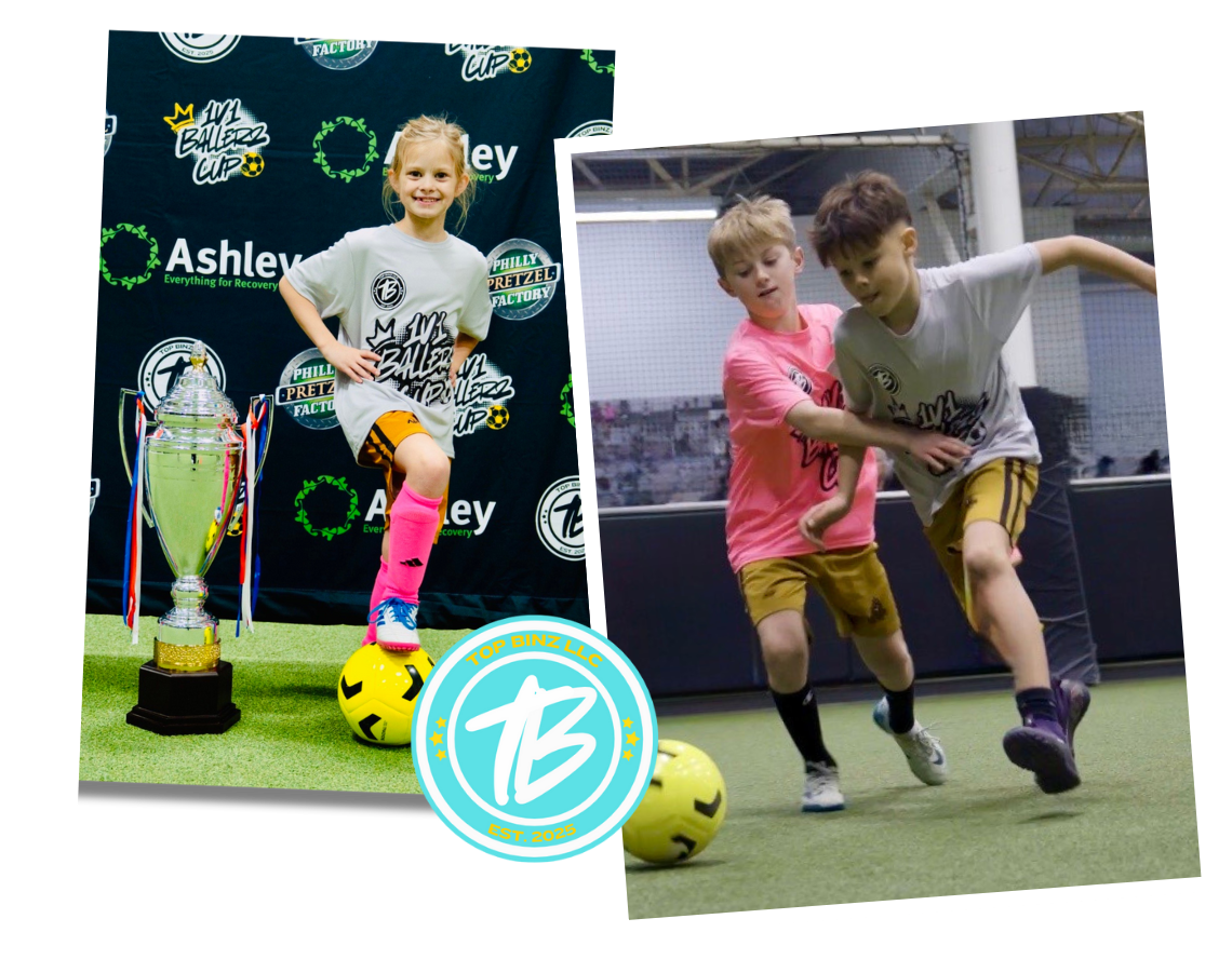 A girl soccer player with foot on the ball standing next to a trophy and two boy soccer players playing 1v1; both images overlaid with TopBinz Logo