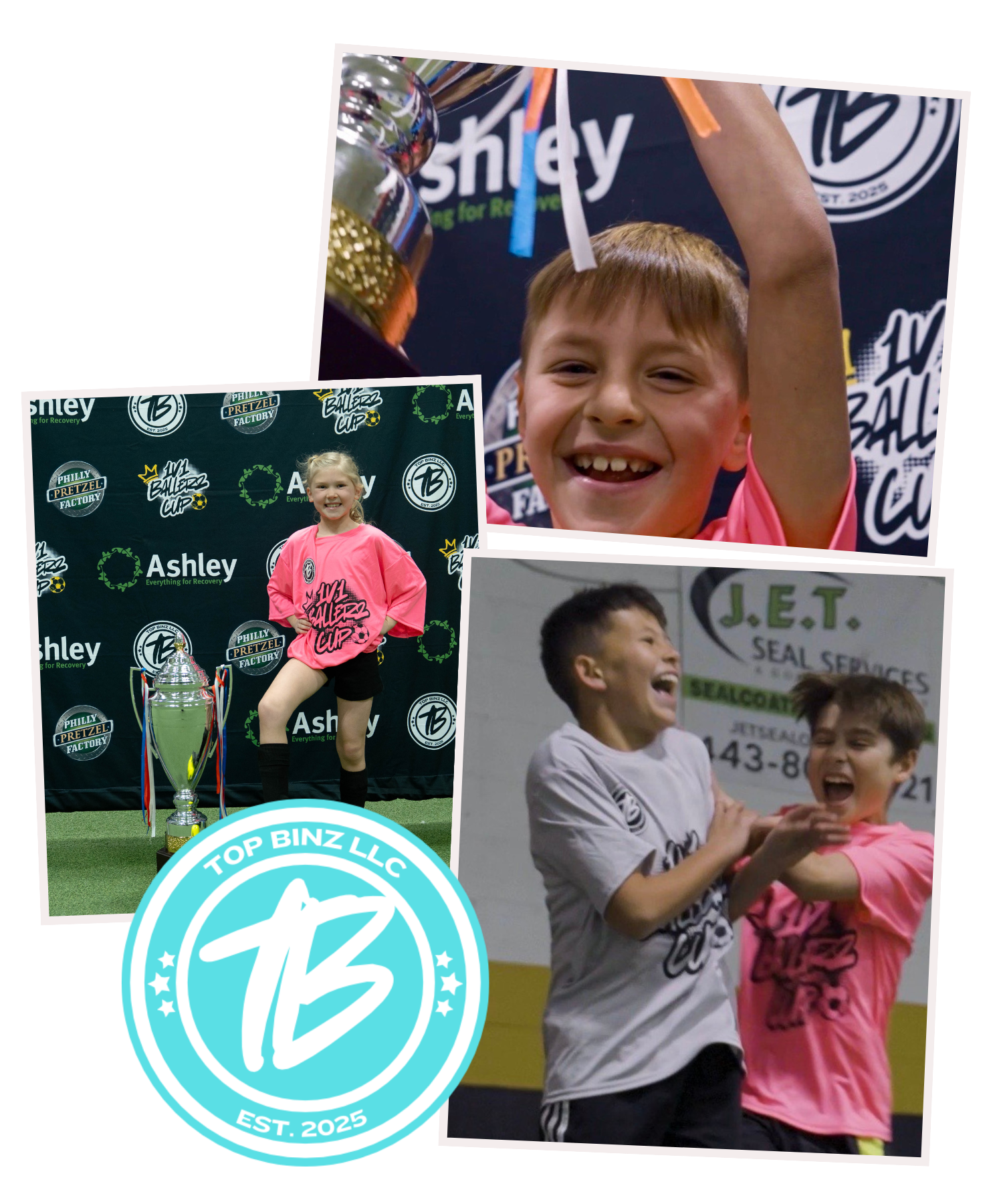Collage of boys and girls' youth soccer players with the Top Binz logo in teal blue and white