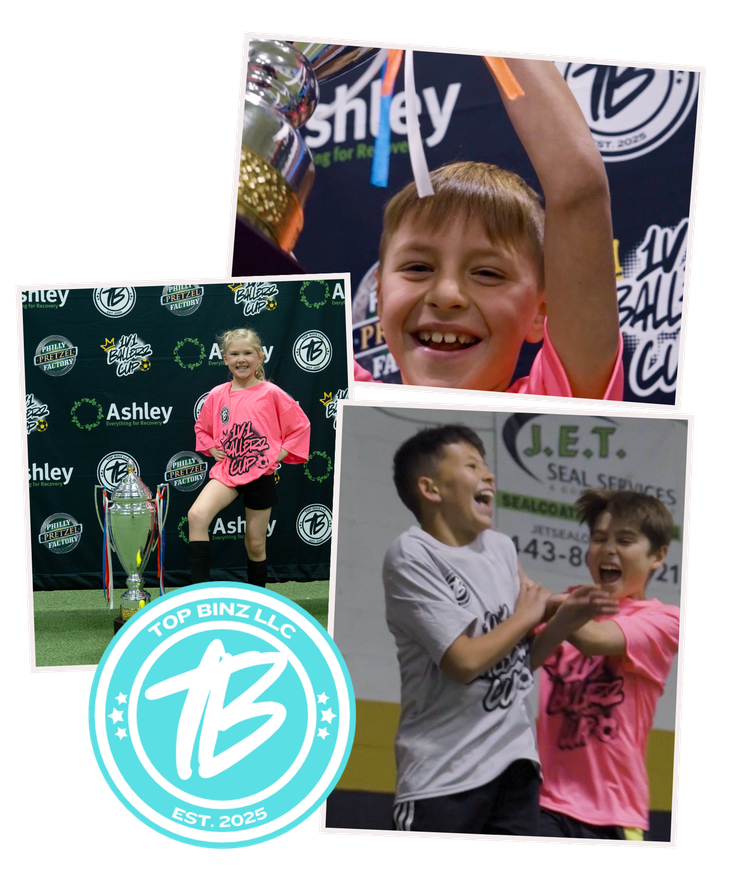 Collage of boys and girls' youth soccer players with the Top Binz logo in teal blue and white