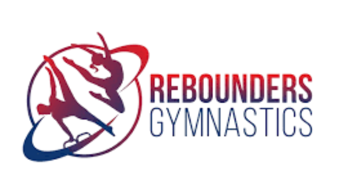 Logo for Rebounders Gymnastics: Silhouettes of gymnasts performing inside a red and blue swirl. Text 