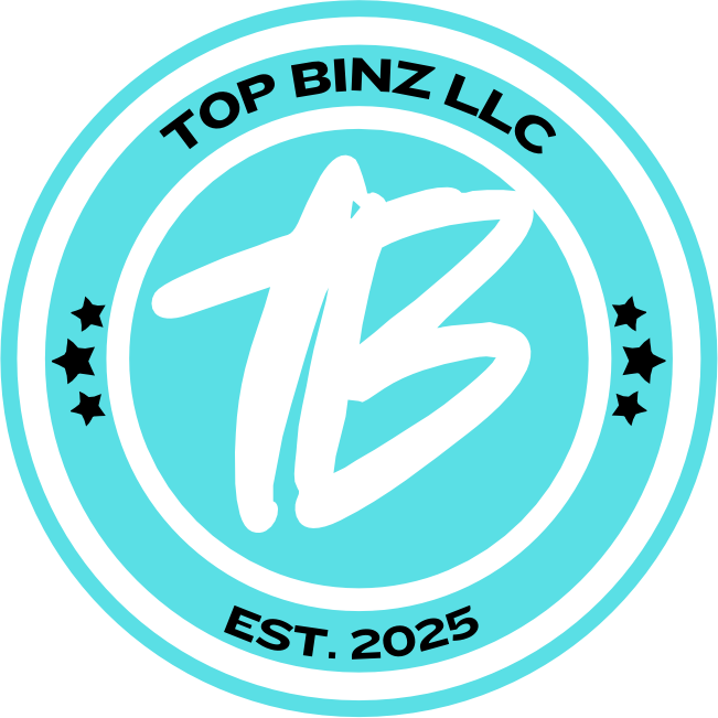 Logo for Top Binz LLC: blue circle with white text and initials 