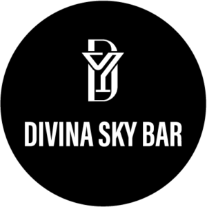 El logotipo de Divina Sky Bar es un círculo negro con un logotipo blanco sobre él.