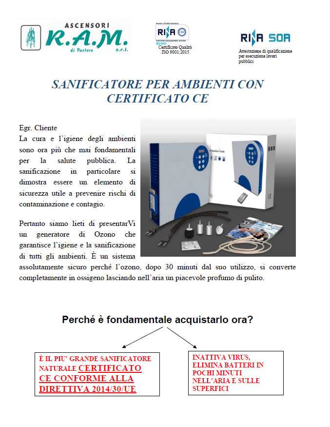 Pubblicità per un dispositivo igienizzante. Presenta immagini del prodotto, certificazione CE e vantaggi principali.