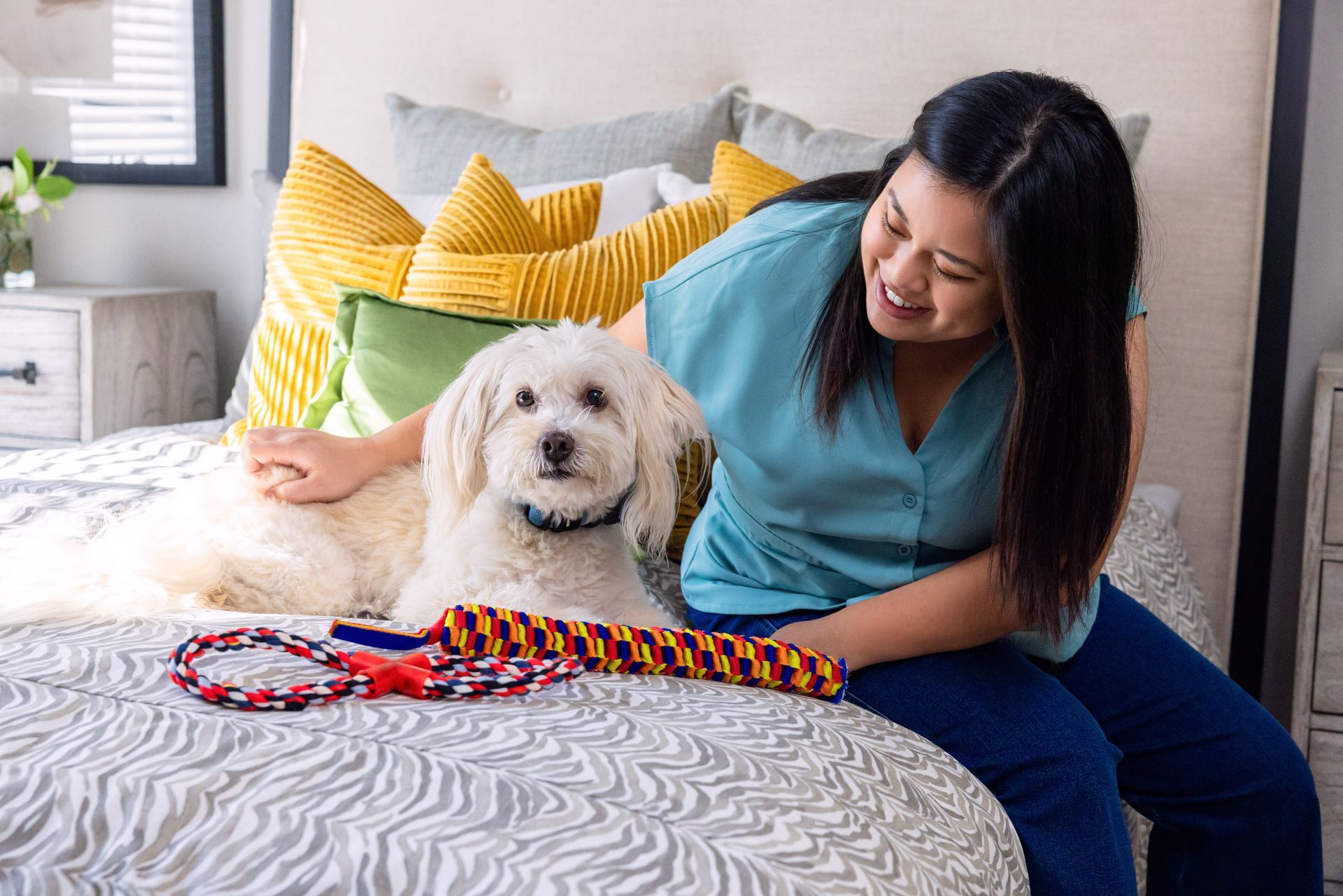 Man at table with laptop pets a dog on a wooden floor in a sunny room.