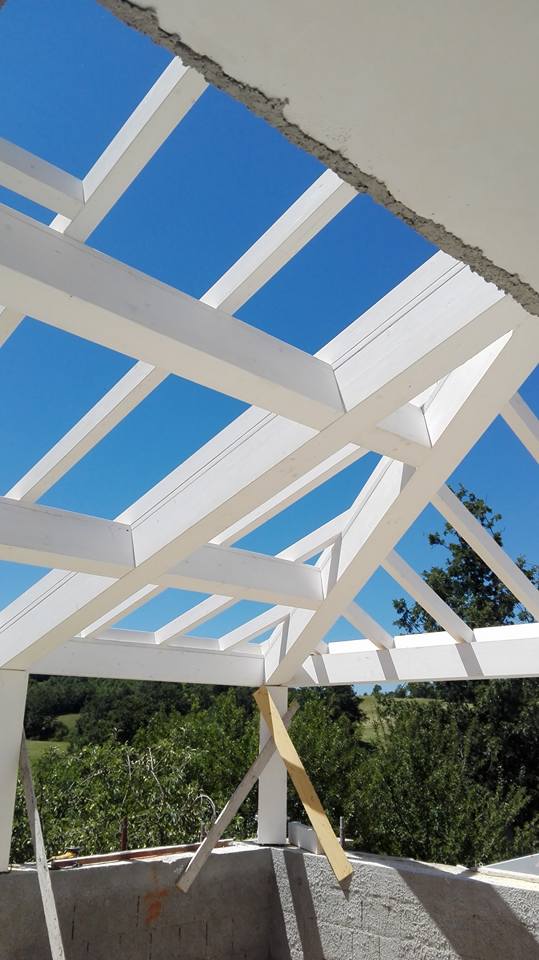 Un edificio in costruzione con un cielo azzurro sullo sfondo.