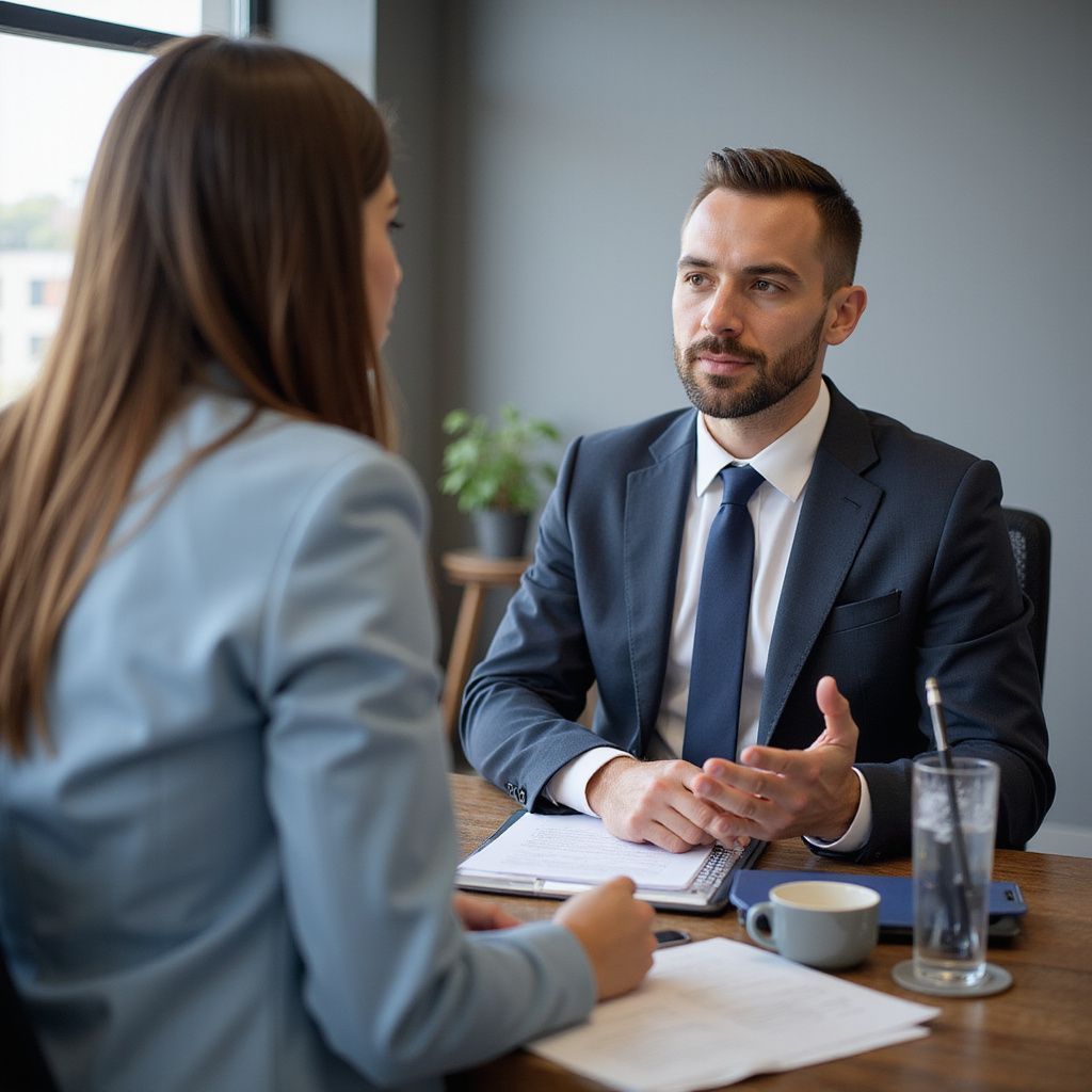 Homem de terno gesticula enquanto conversa com uma mulher em uma mesa de madeira em um escritório.