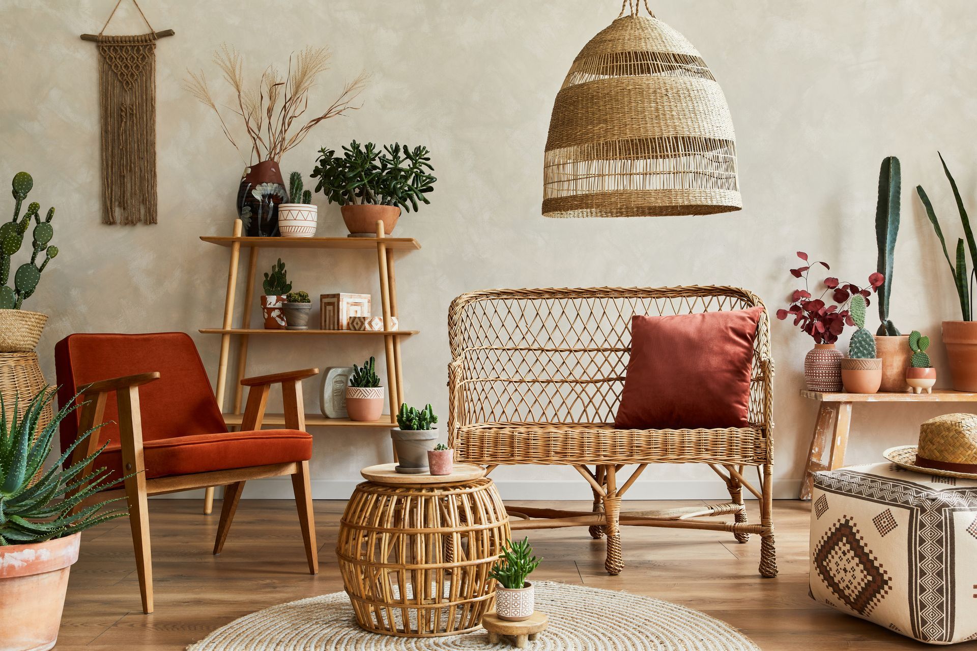 Bohemian-style living room with rattan furniture, plants, and warm neutral tones.