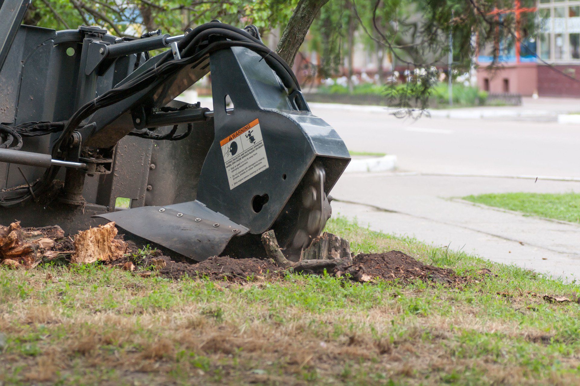A stump grinder grinds a tree stump on a grassy verge, beside a road.