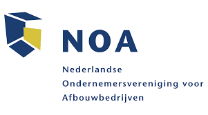 Logo of NOA, Nederlandse Ondernemersvereniging voor Afbouwbedrijven, in blue and yellow on white background