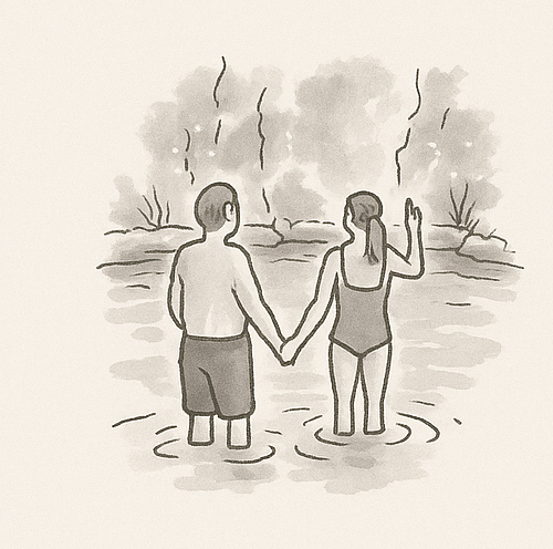 A man and a woman are holding hands in the water.