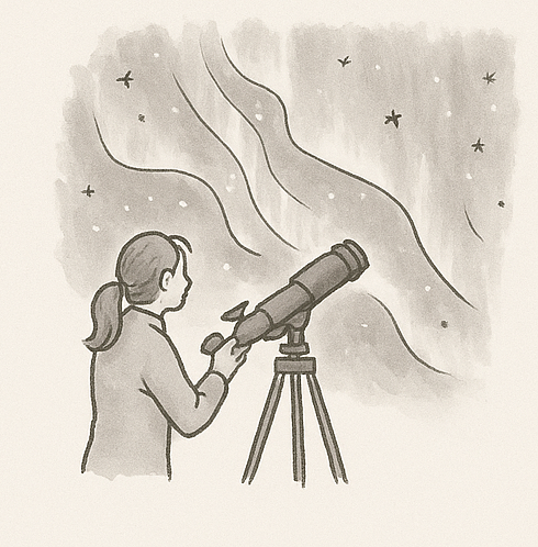 A black and white drawing of a woman looking through a telescope