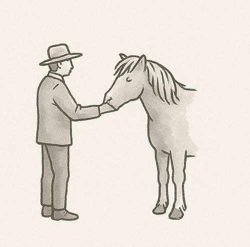 A man in a hat is petting a horse 's nose.