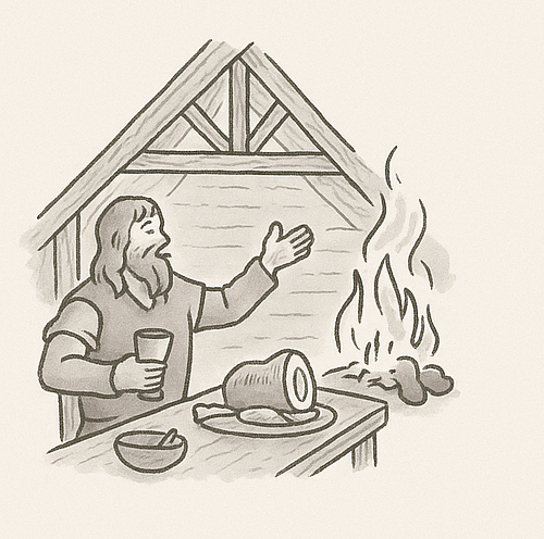 A man is sitting at a table with a plate of food and a glass of beer.