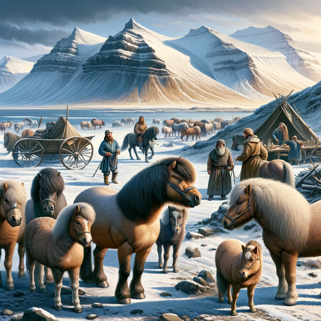 a herd of icelandic horses standing in the snow with mountains in the background with viking settlers