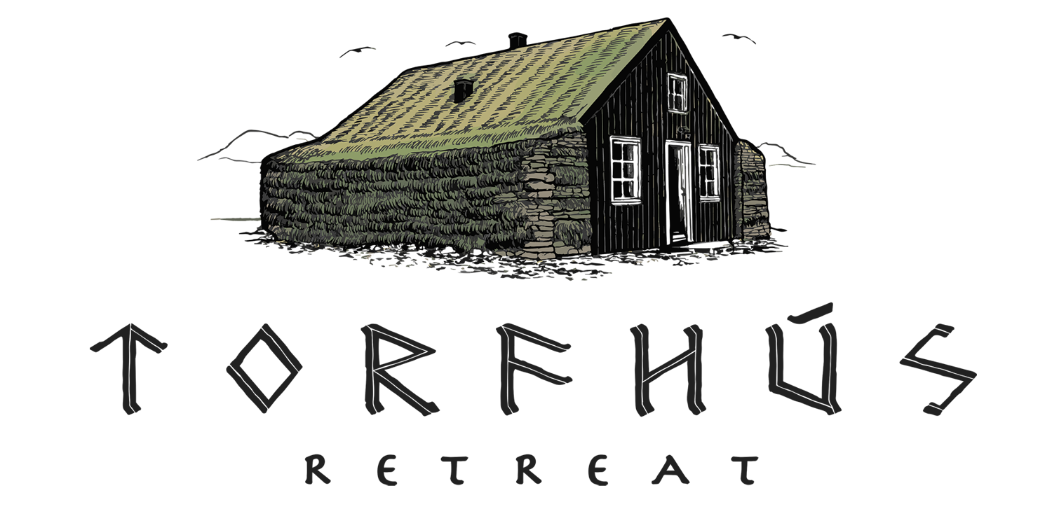 A logo for torfhus retreat with a picture of a house