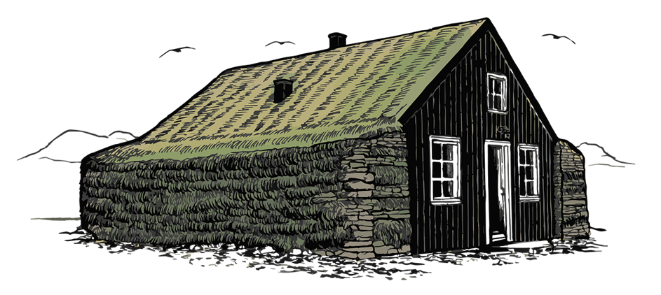 A drawing of a small house with a green roof