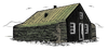 A drawing of a small house with a green roof