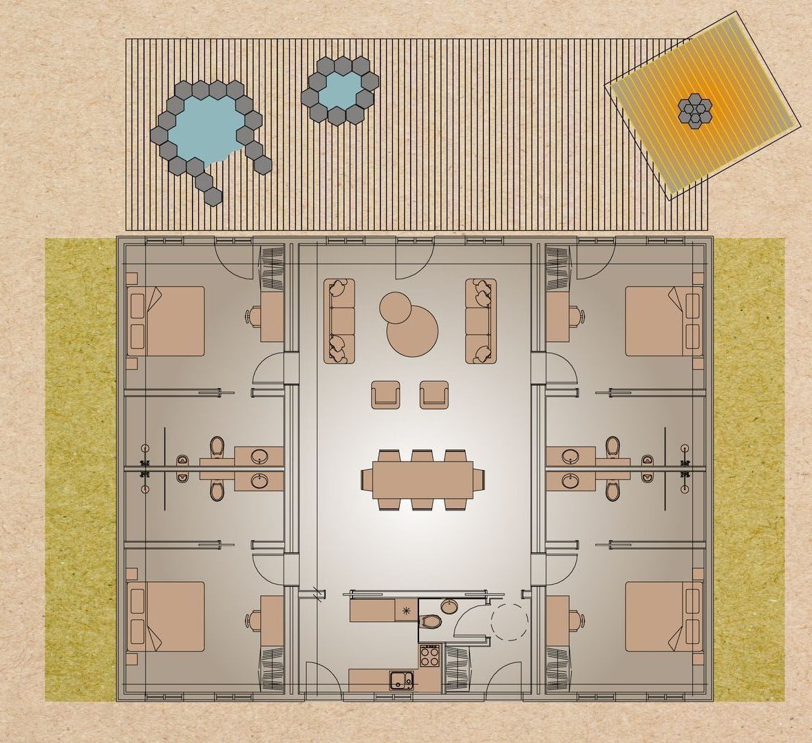 A floor plan of a house with a hot tub