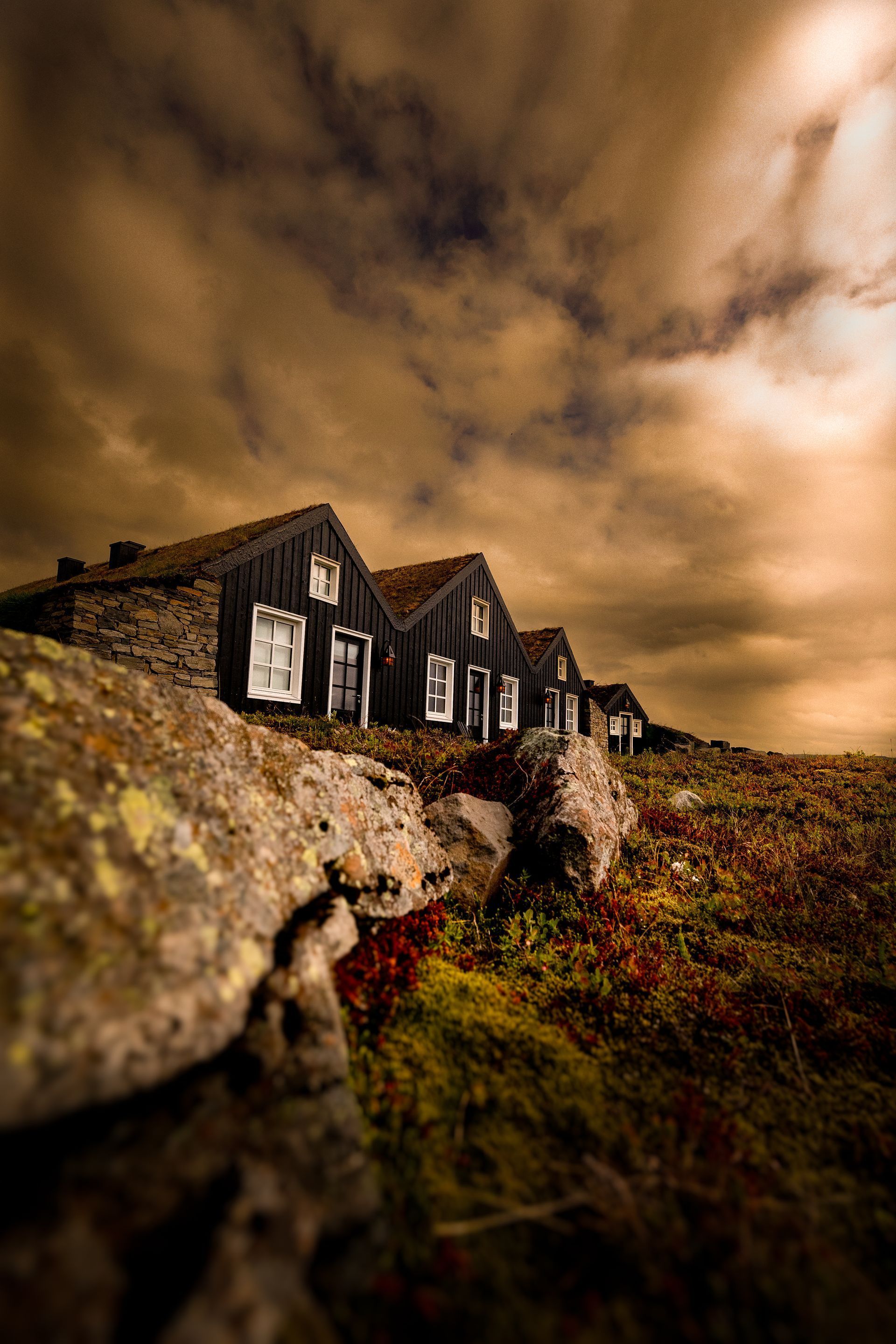 A row of houses are sitting on top of a hill.