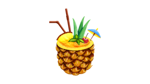 A pineapple with straws , a cherry and an umbrella in it.