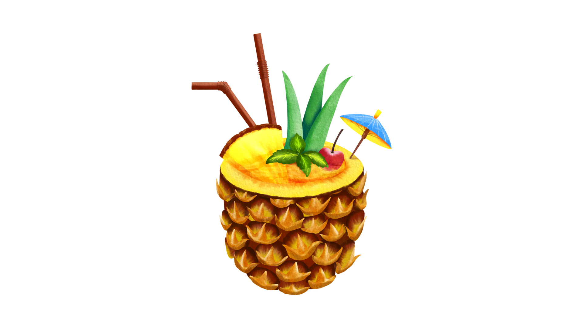 A pineapple with straws , a cherry and an umbrella in it.