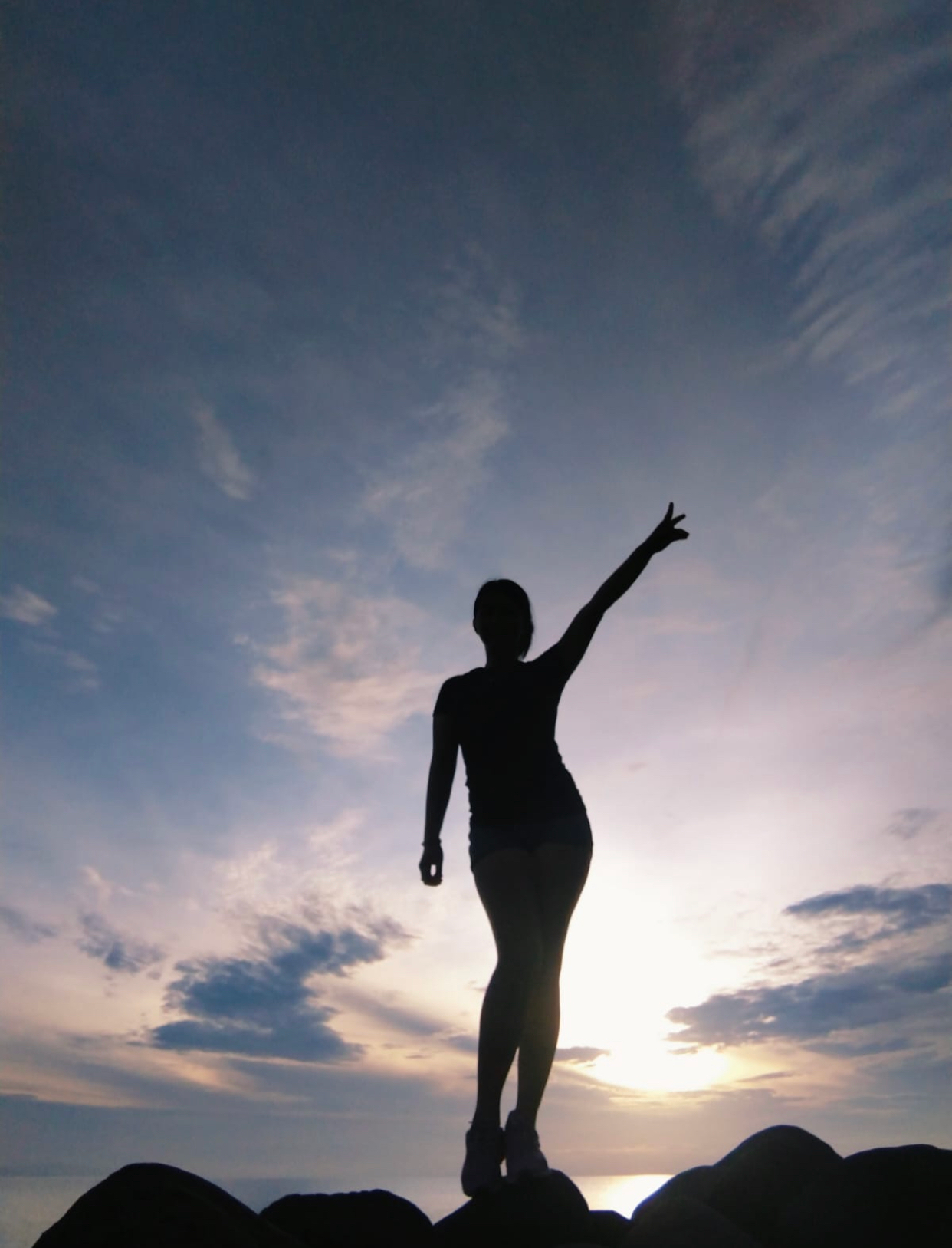 A silhouette of a woman standing on a rock with her arm outstretched