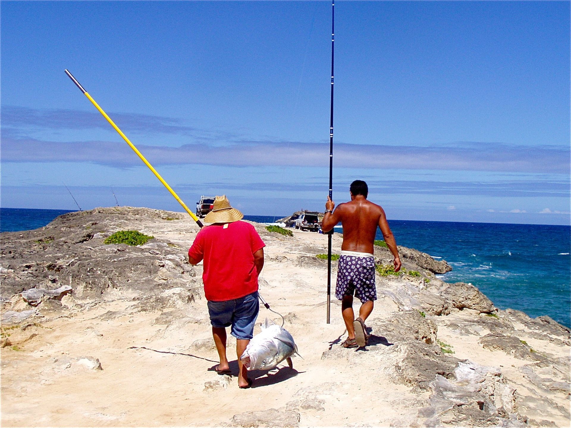 Two men fishing on a cliff near the ocean
