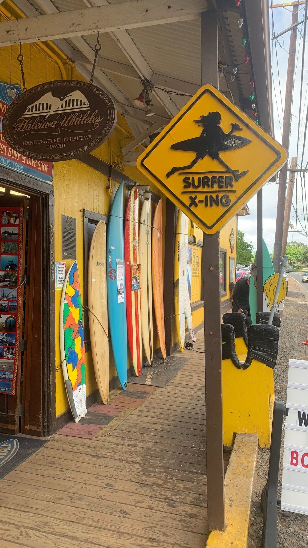 A row of surfboards are lined up in front of a store