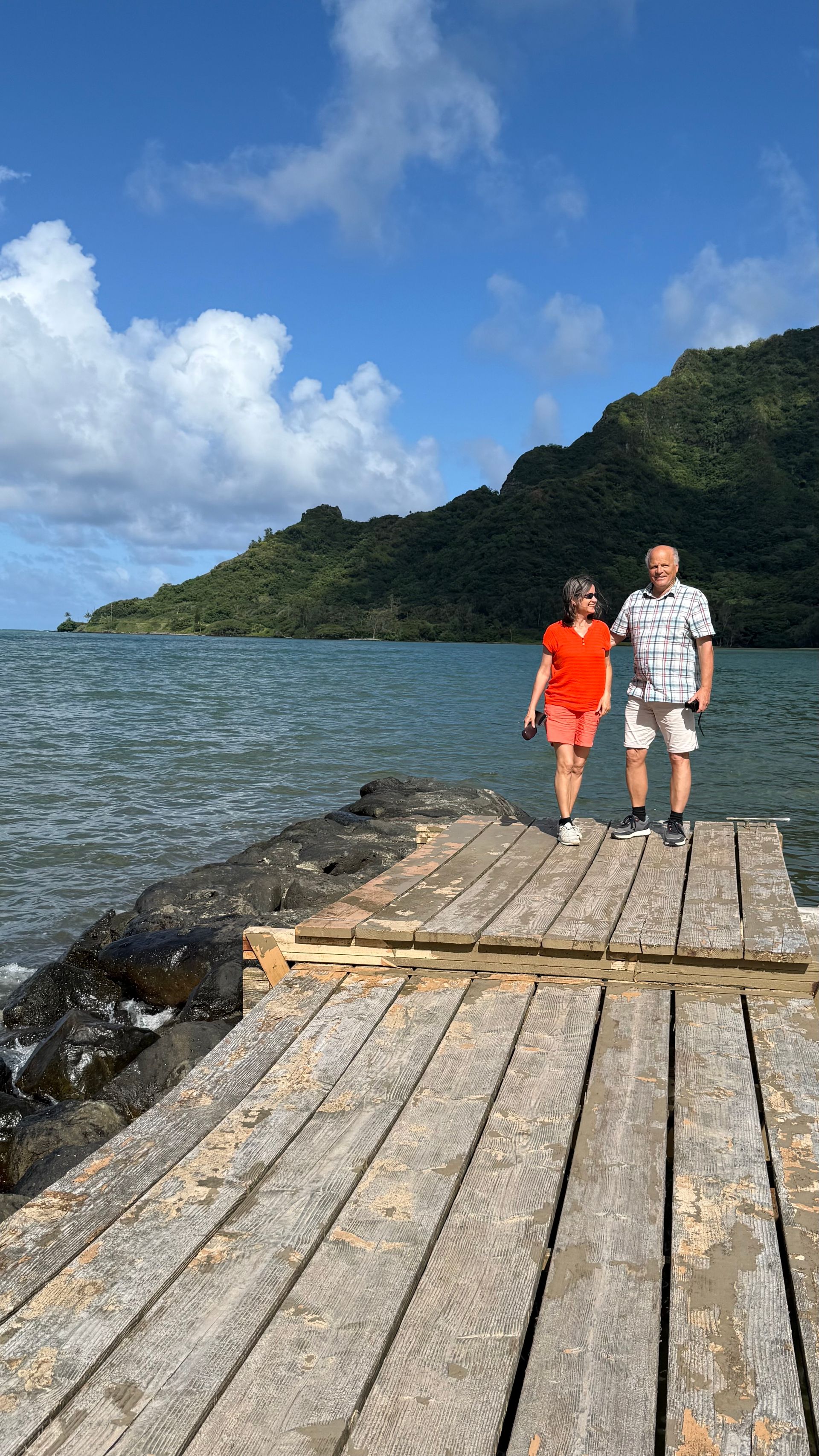 Couple standing on a weathered dock with ocean and green hills in the background under a blue sky.