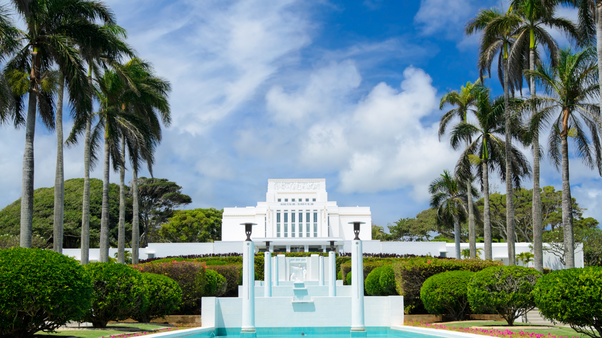 A white building with a pool in front of it surrounded by palm trees.