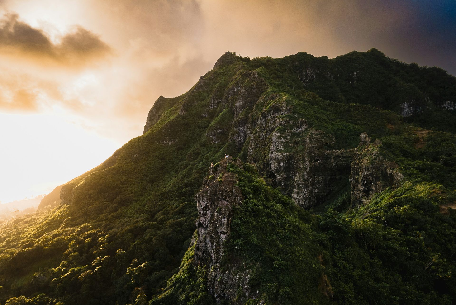 An aerial view of a mountain covered in trees at sunset.