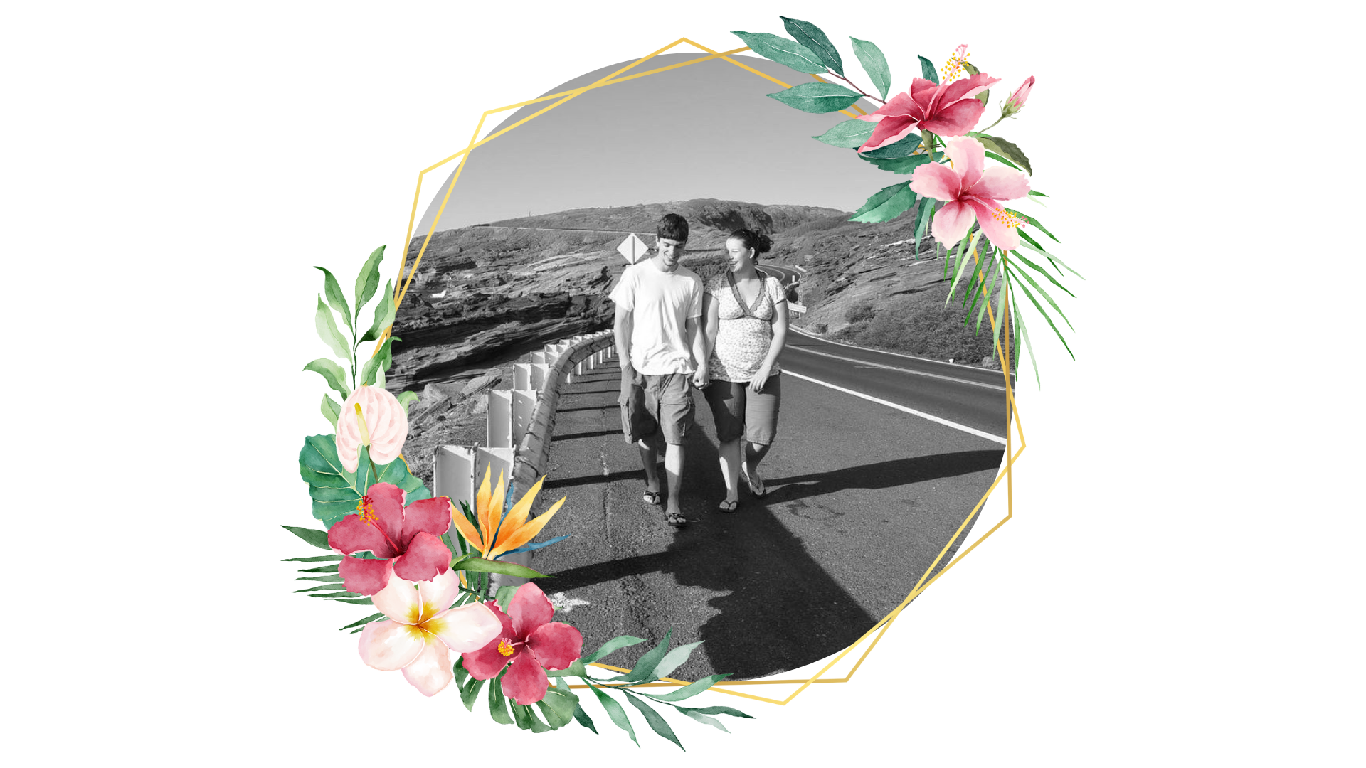 A black and white photo of two people walking down a road surrounded by flowers.