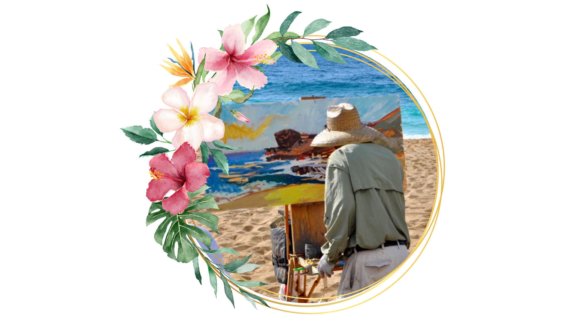 A man is painting a picture of the ocean on the beach.