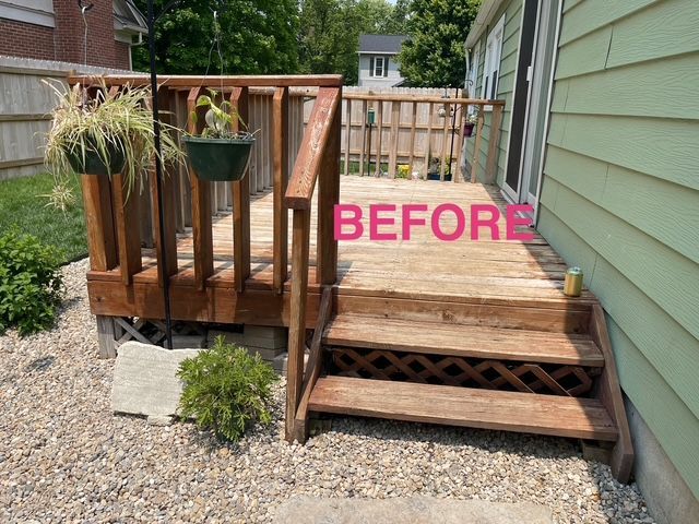 A before picture of a wooden deck with stairs